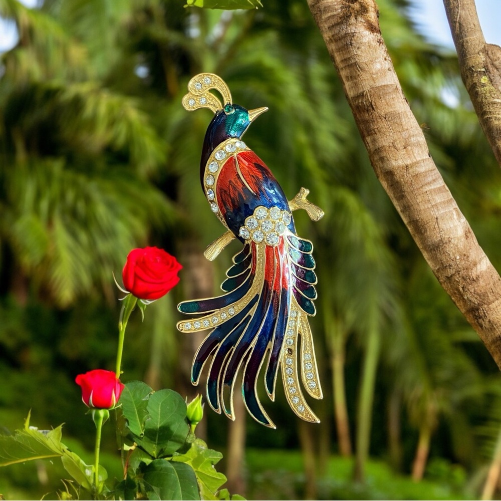Vintage Bird of Paradise Brooch Pin Enamel Rhinestone Peacock Gold Tone Big Stat